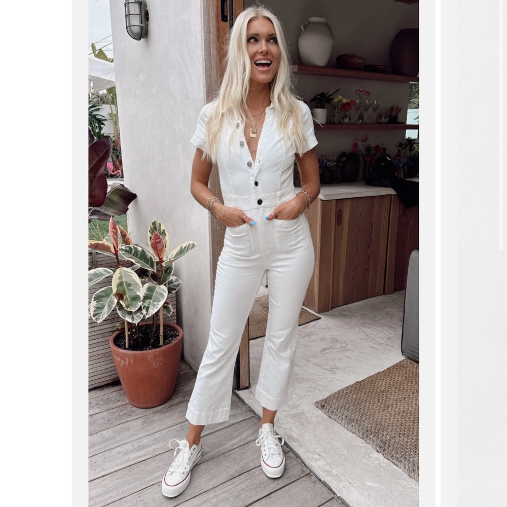 Show Me Your Mumu SMYMM Cropped Everhart Jumpsuit White Denim Flare Coverall M